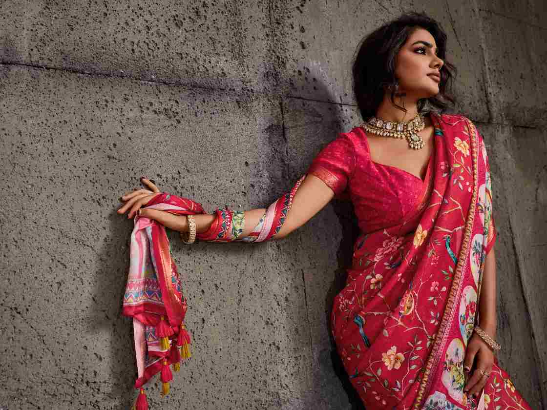 Red Moss Figure Printed Saree sedora couture