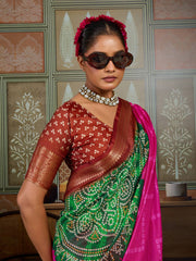 Pink & Green Bandhani Jacquard Saree with Copper Zari Border