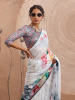 White Georgette Floral Printed Saree sedora couture