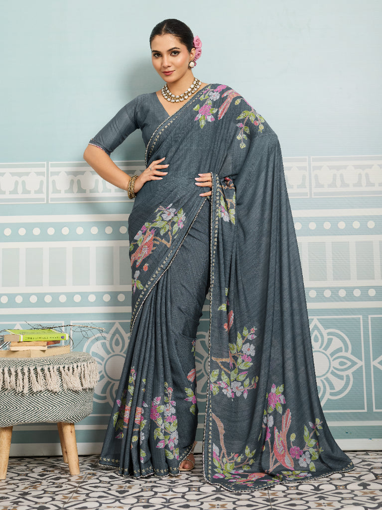 Grey Sparkle Georgette Printed Saree with Beaded Border sedora couture