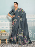 Grey Sparkle Georgette Printed Saree with Beaded Border sedora couture
