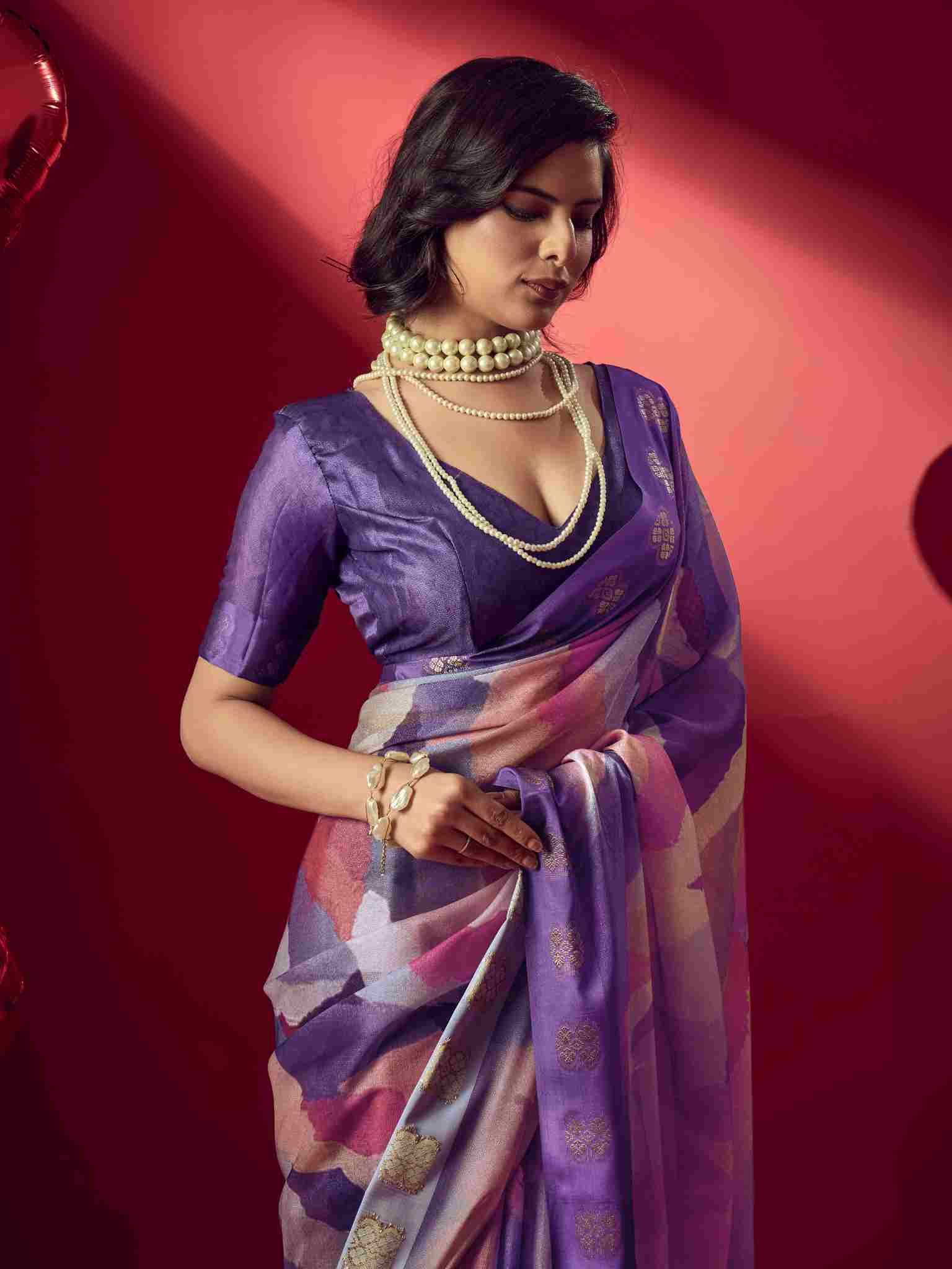 Purple Jacquard Printed Saree with Unstitched Blouse