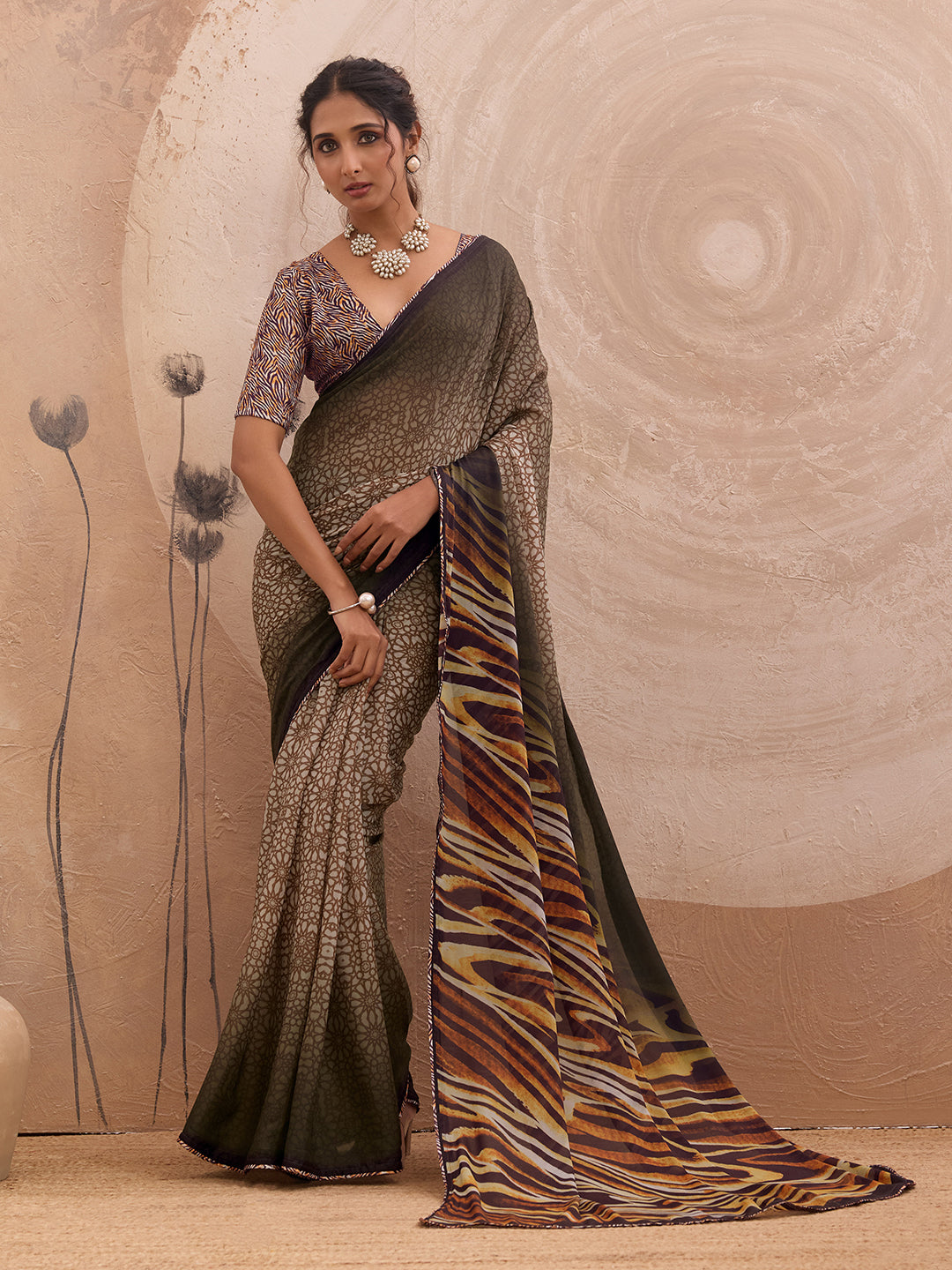 Brown Georgette Floral Printed Saree