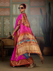 Pink & Green Bandhani Jacquard Saree with Copper Zari Border