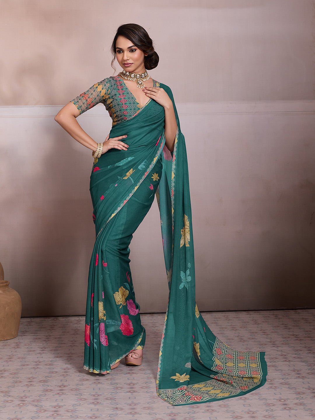 Green Georgette Floral Printed Saree
