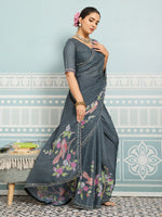 Grey Sparkle Georgette Printed Saree with Beaded Border sedora couture