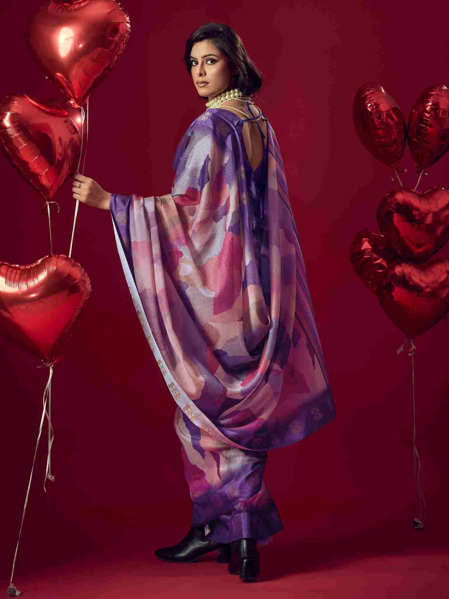 Purple Jacquard Printed Saree with Unstitched Blouse