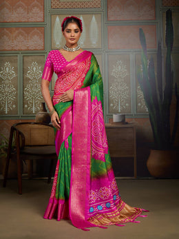 Green & Pink Bandhani Jacquard Saree with Zari Border