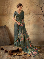 Dark Green Georgette Floral Printed Saree sedora couture