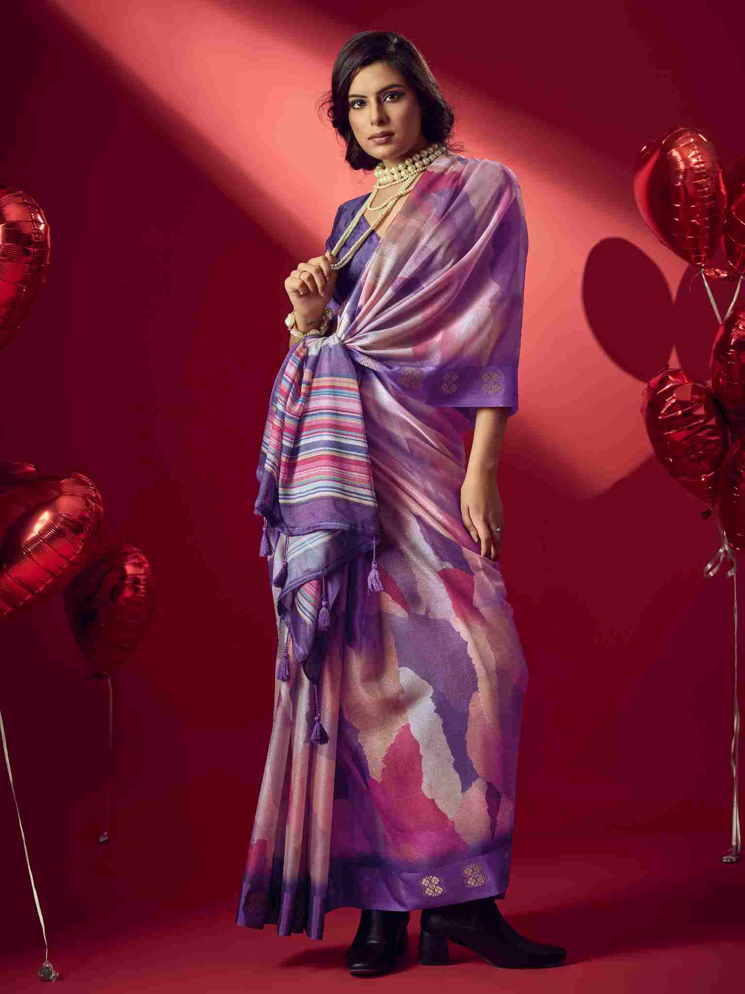 Purple Jacquard Printed Saree with Unstitched Blouse