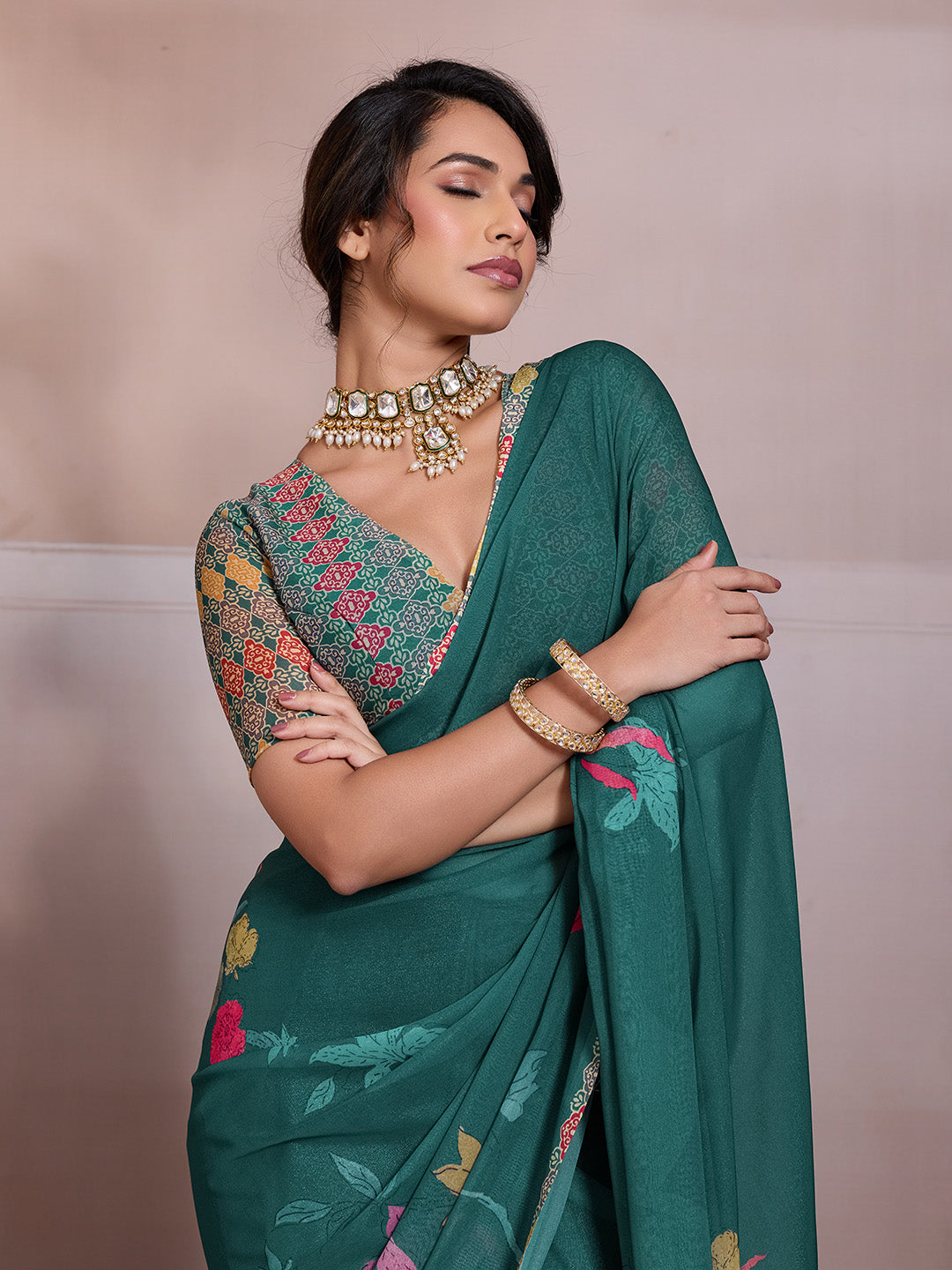 Green Georgette Floral Printed Saree