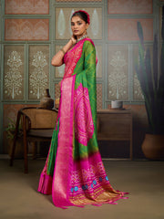 Green & Pink Bandhani Jacquard Saree with Zari Border