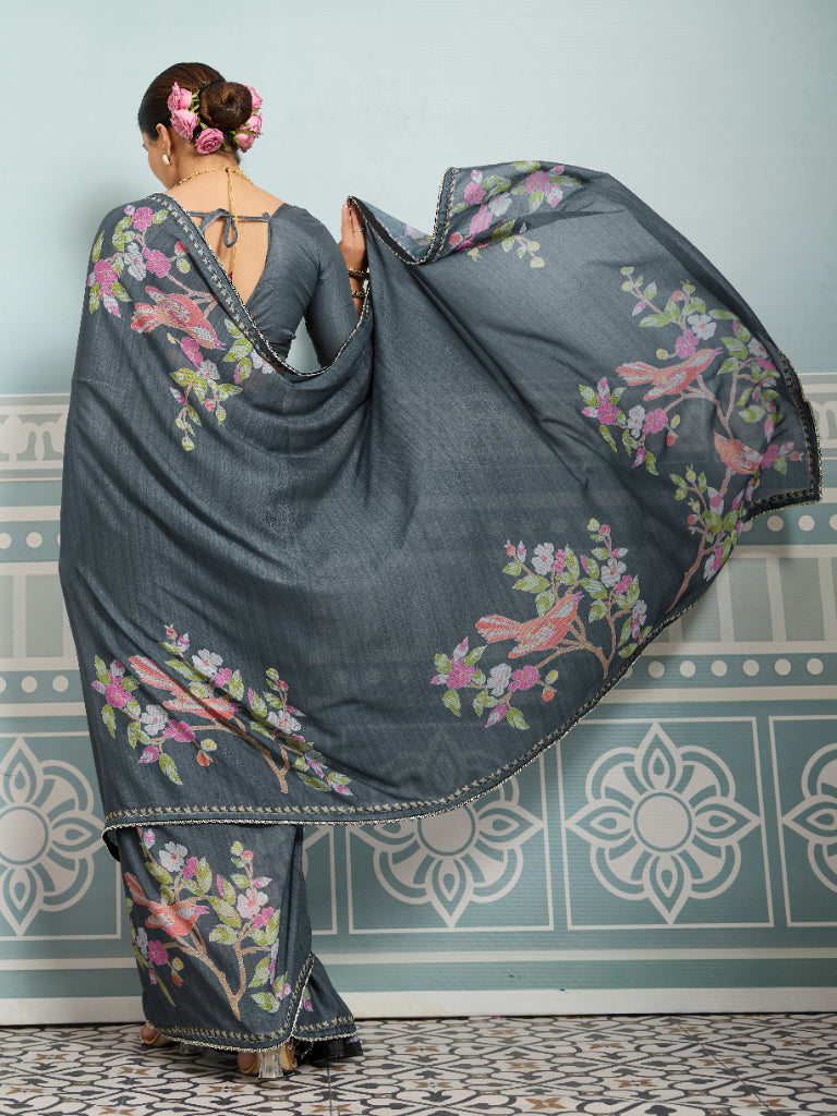 Grey Sparkle Georgette Printed Saree with Beaded Border