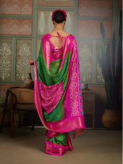 Green & Pink Bandhani Jacquard Saree with Zari Border