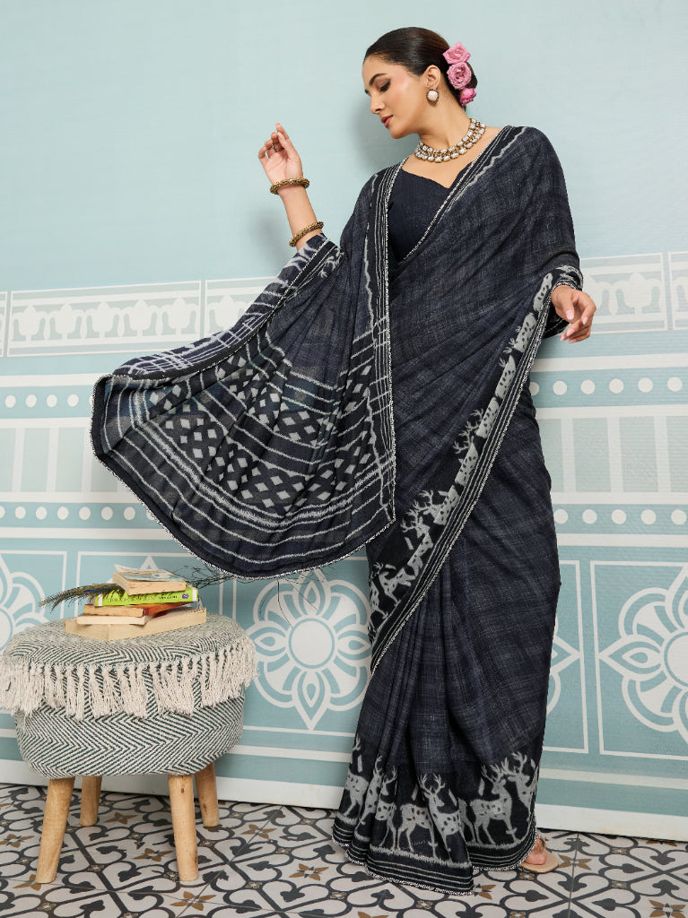 Black Sparkle Georgette Printed Saree with Beaded Border