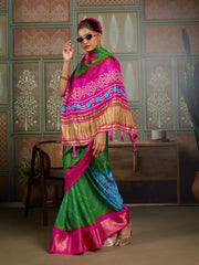 Green & Pink Bandhani Jacquard Saree with Zari Border
