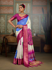 Cream White & Blue Bandhani Jacquard Saree with Pink Zari Border