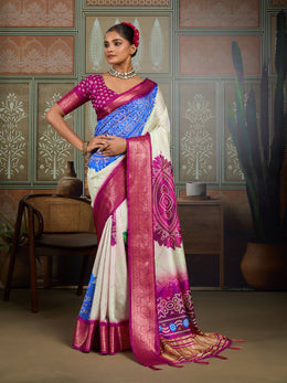 Cream White & Blue Bandhani Jacquard Saree with Pink Zari Border