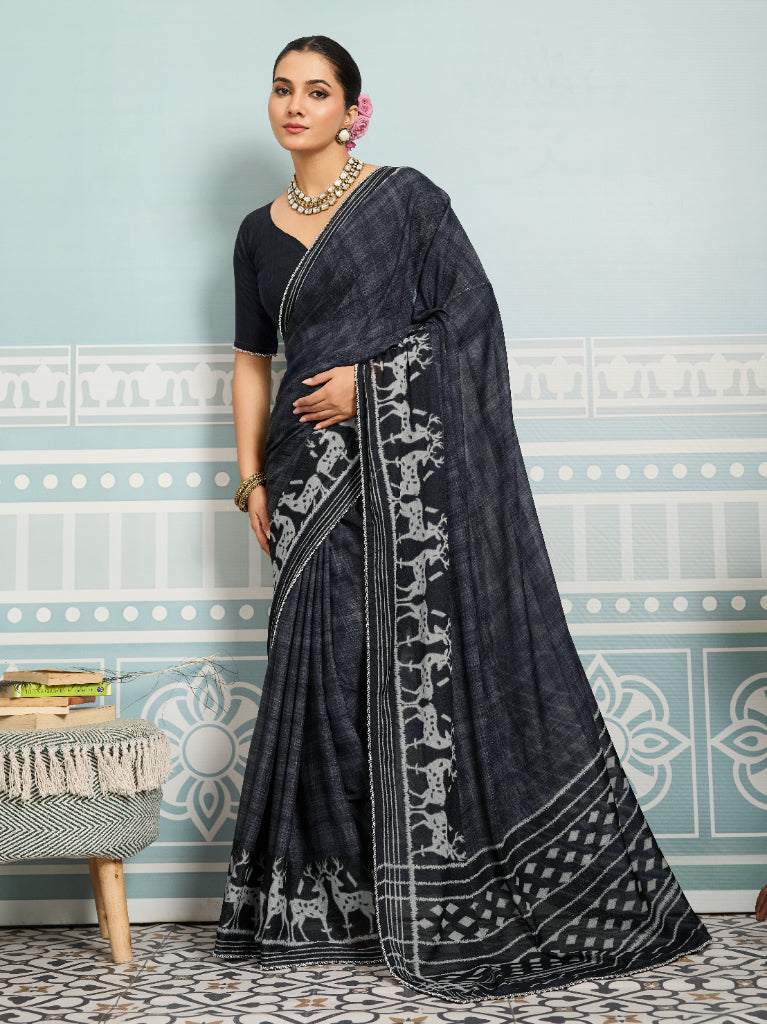 Black Sparkle Georgette Printed Saree with Beaded Border