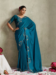 Teal Blue NC Moss Saree with Embroidered Border