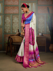 Cream White & Blue Bandhani Jacquard Saree with Pink Zari Border