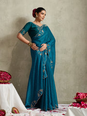 Teal Blue NC Moss Saree with Embroidered Border