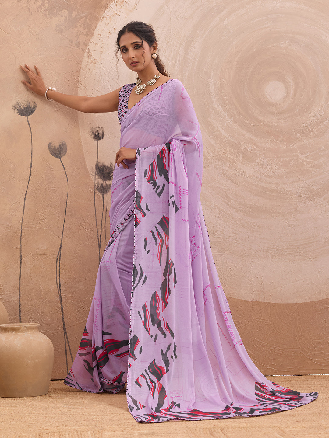 Lavender Georgette Floral Printed Saree