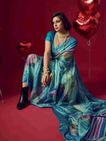 Blue Jacquard Printed Saree with Unstitched Blouse sedora couture