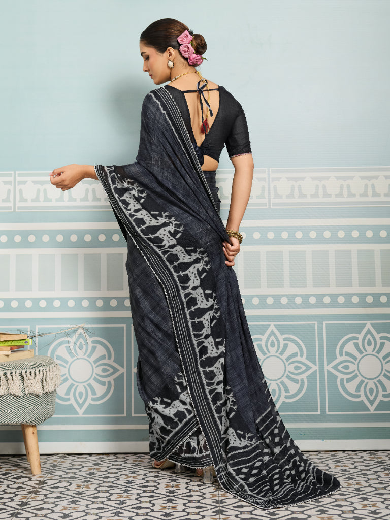 Black Sparkle Georgette Printed Saree with Beaded Border