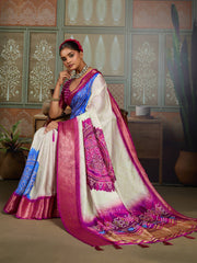 Cream White & Blue Bandhani Jacquard Saree with Pink Zari Border
