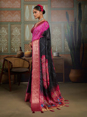 Black Bandhani Jacquard Saree with Magenta Motifs and Zari Border