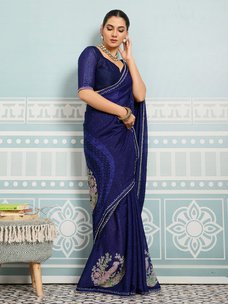 Navy Blue Sparkle Georgette Printed Saree with Beaded Border