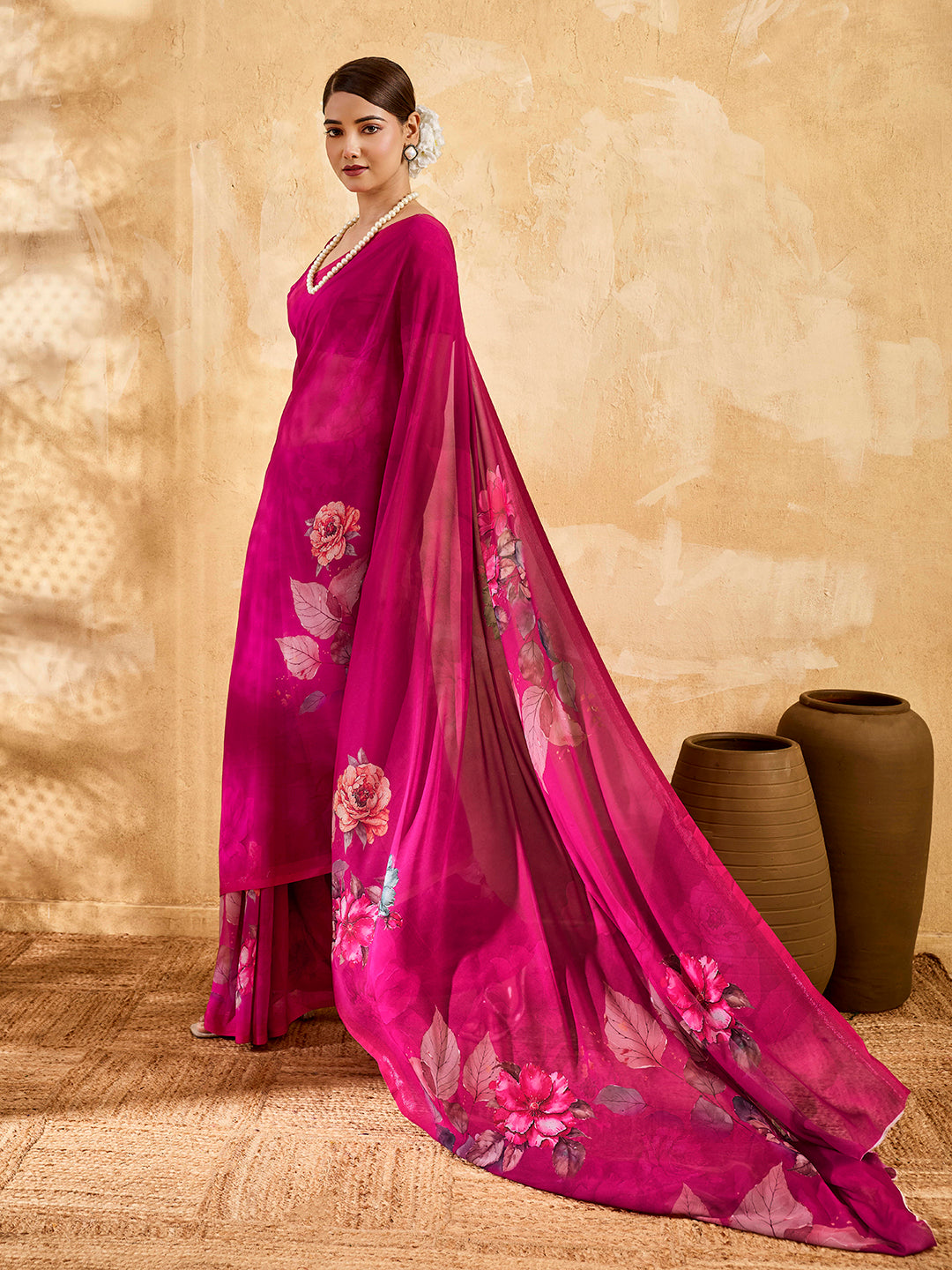 Pink Geogette Floral Printed Saree