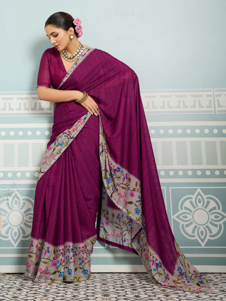 Dark Pink Sparkle Georgette Printed Saree with Beaded Border