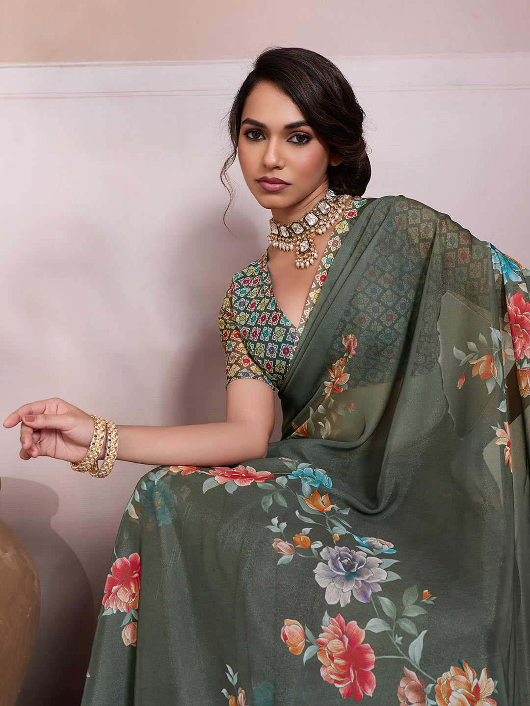 Mehndi Georgette Floral Printed Saree