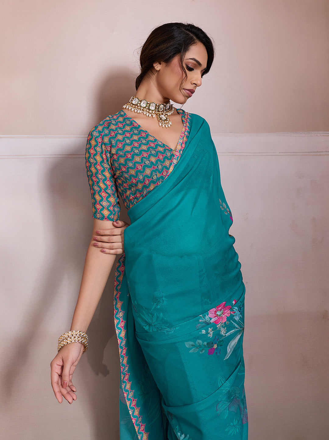 Green Georgette Floral Printed Saree