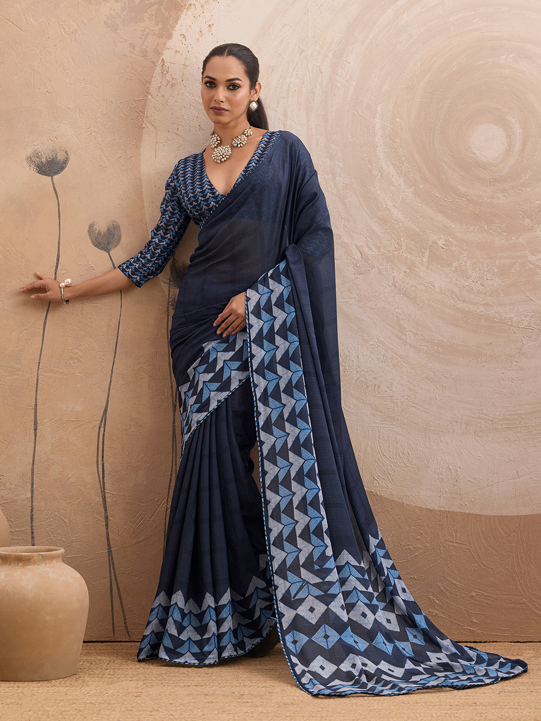 Blue Georgette Floral Printed Saree