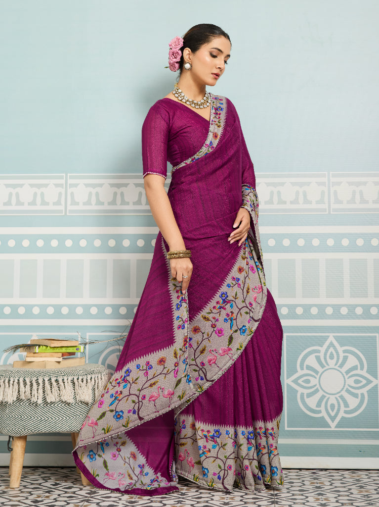 Dark Pink Sparkle Georgette Printed Saree with Beaded Border