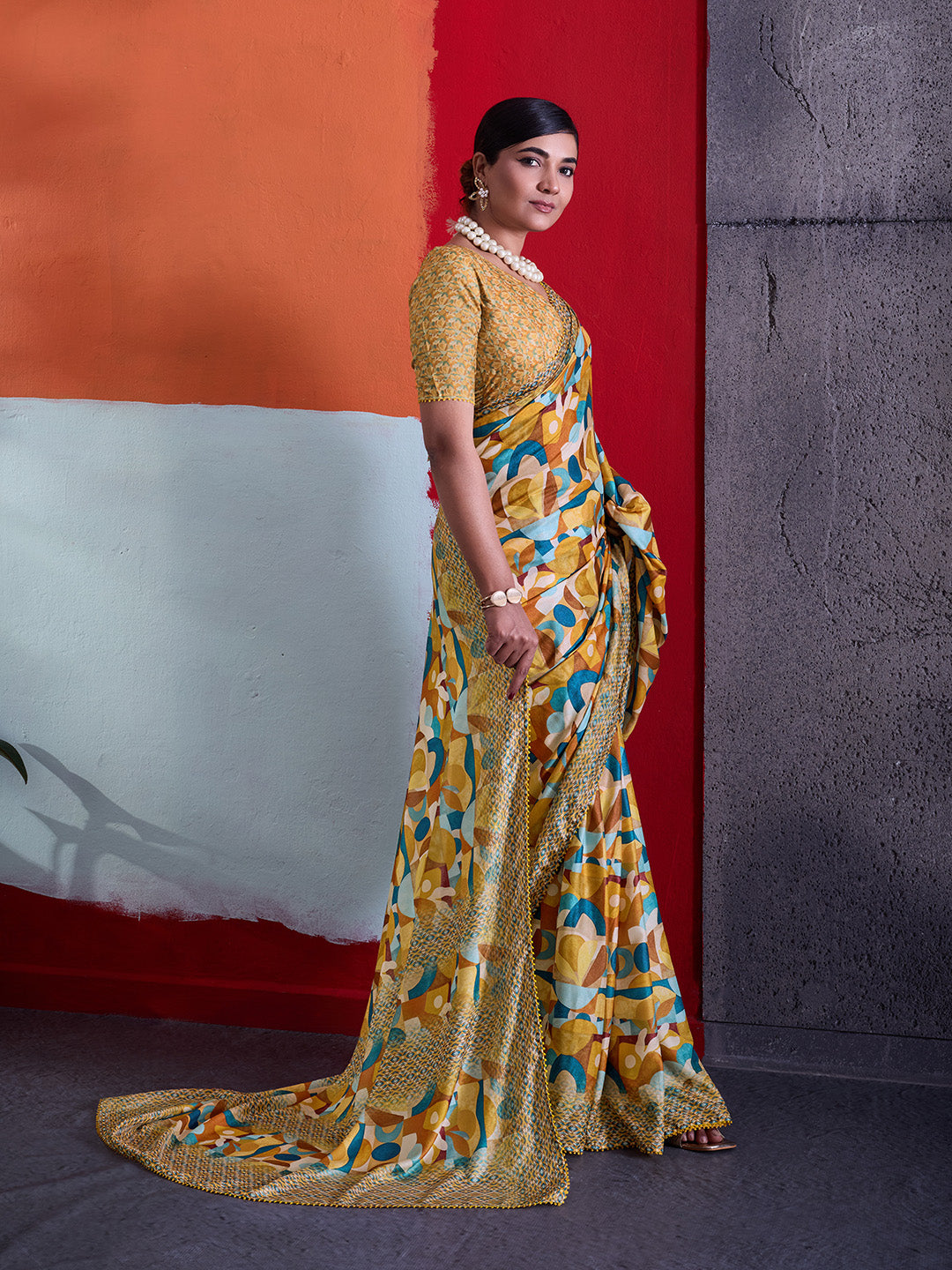 Mustard Cotton Crepe Geometrical Printed Saree