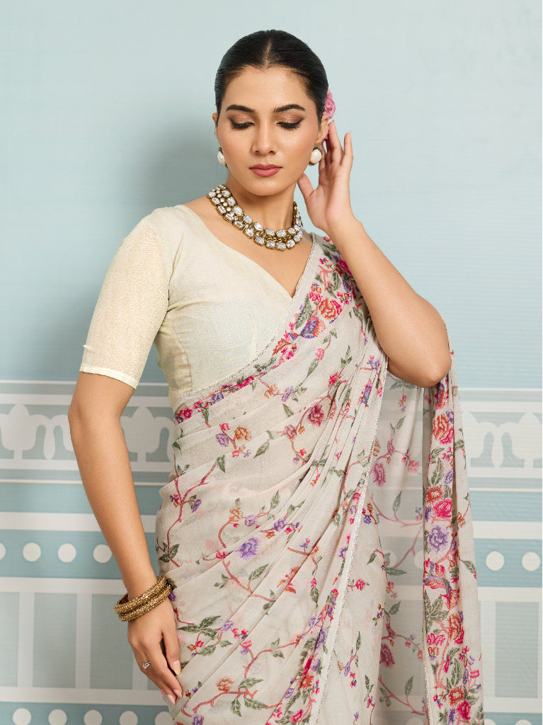Off-White Sparkle Georgette Printed Saree with Beaded Border