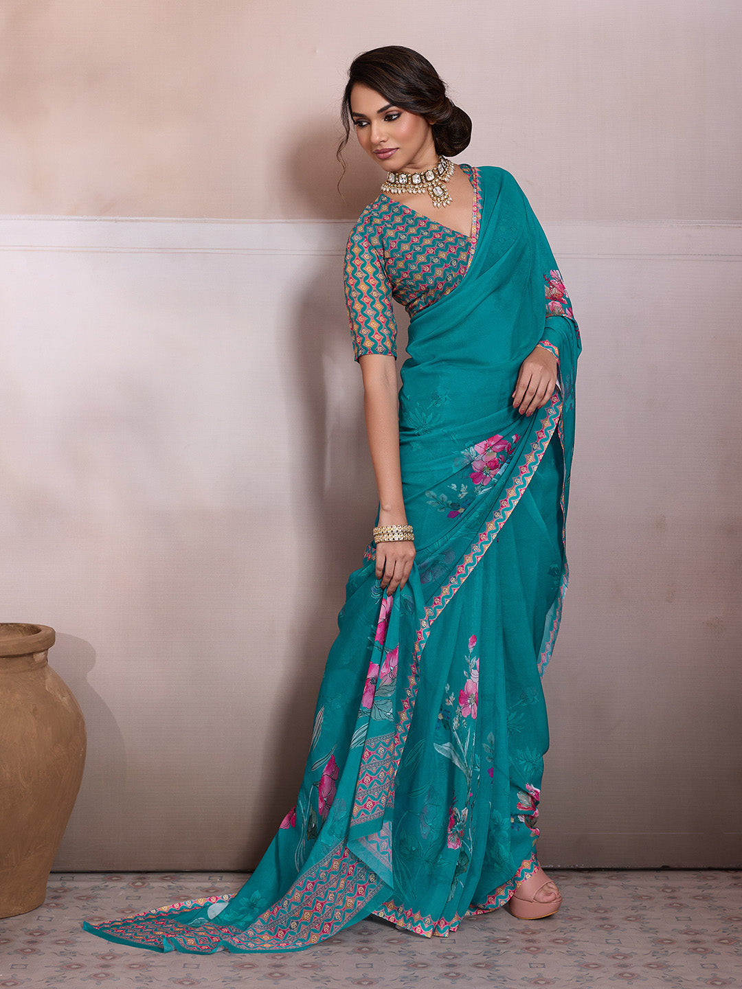 Green Georgette Floral Printed Saree