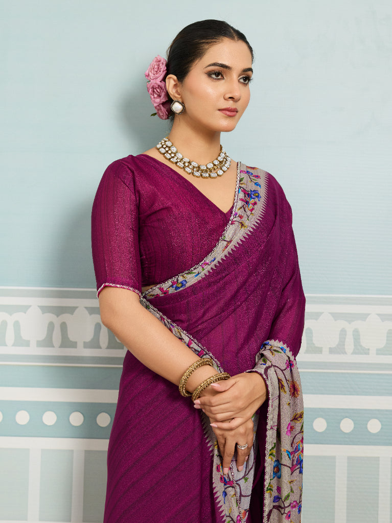 Dark Pink Sparkle Georgette Printed Saree with Beaded Border