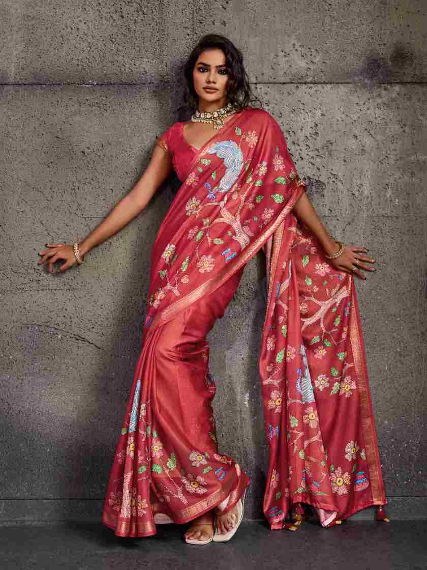 Red Moss Figure Printed Saree sedora couture