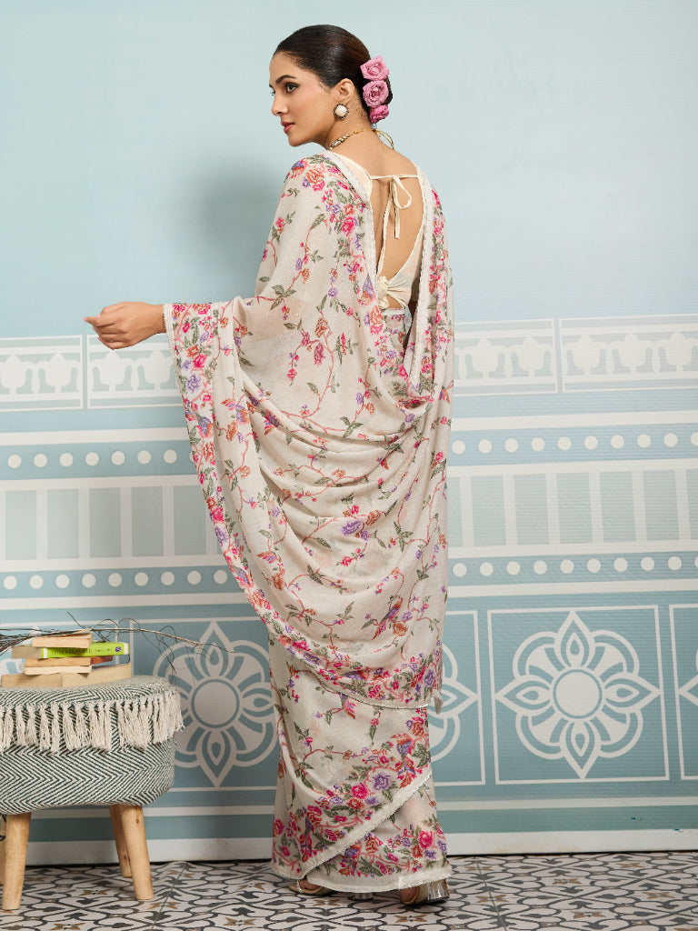Off-White Sparkle Georgette Printed Saree with Beaded Border