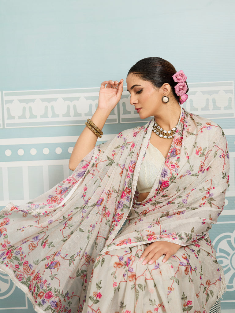 Off-White Sparkle Georgette Printed Saree with Beaded Border