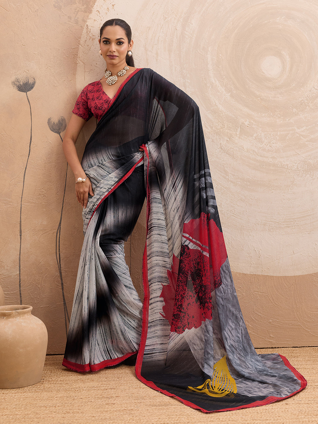 White Georgette Floral Printed Saree sedora couture