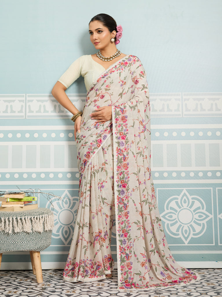 Off-White Sparkle Georgette Printed Saree with Beaded Border