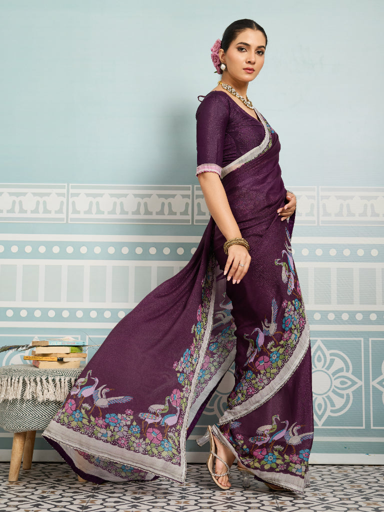 Wine Sparkle Georgette Printed Saree with Beaded Border