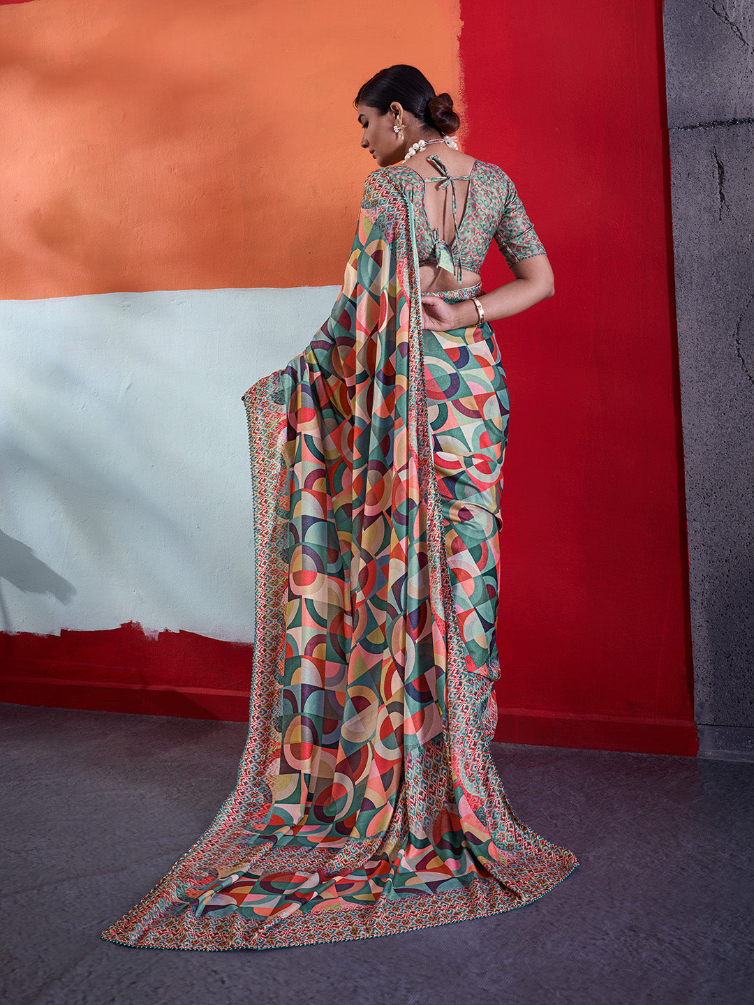 Multi-Colour Cotton Crepe Geometrical Printed Saree sedora couture