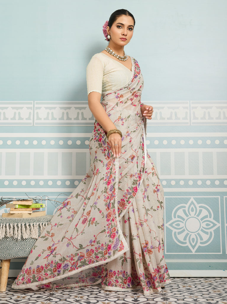 Off-White Sparkle Georgette Printed Saree with Beaded Border